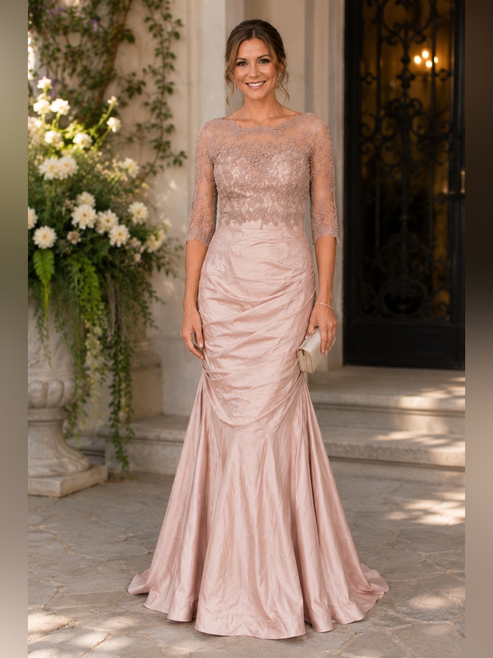 La Femme Dusty Blush Lace Bodice Mermaid Gown